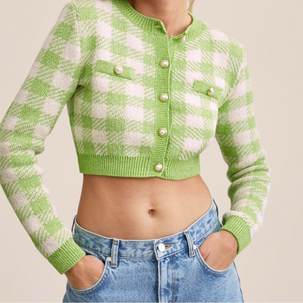 NWT MNG XS Pearl & Gold Button Cardigan Lime Green Sustainable Recycled Material